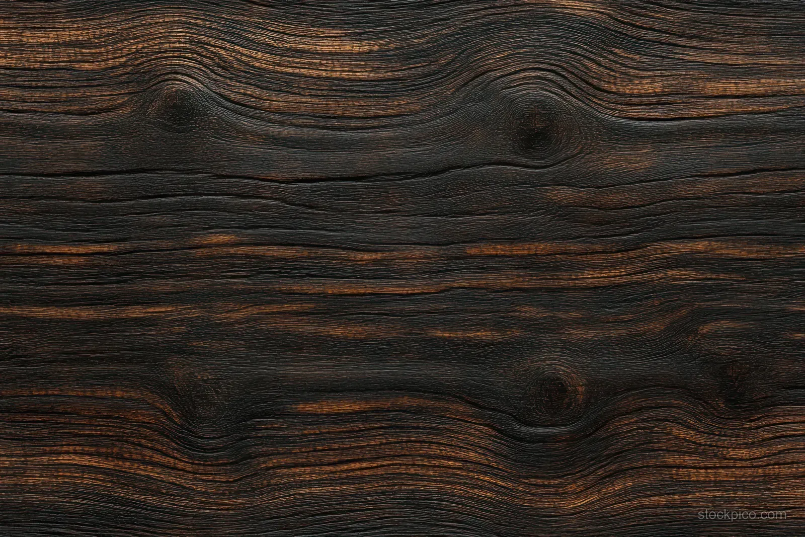 Charred dark wood surface with swirling grain lines and knots across a rough textured background.