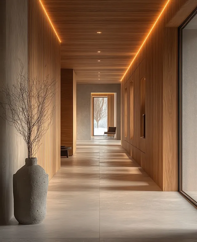Minimalist hallway with warm wood walls, recessed ceiling lights, and a concrete vase holding dry branches.