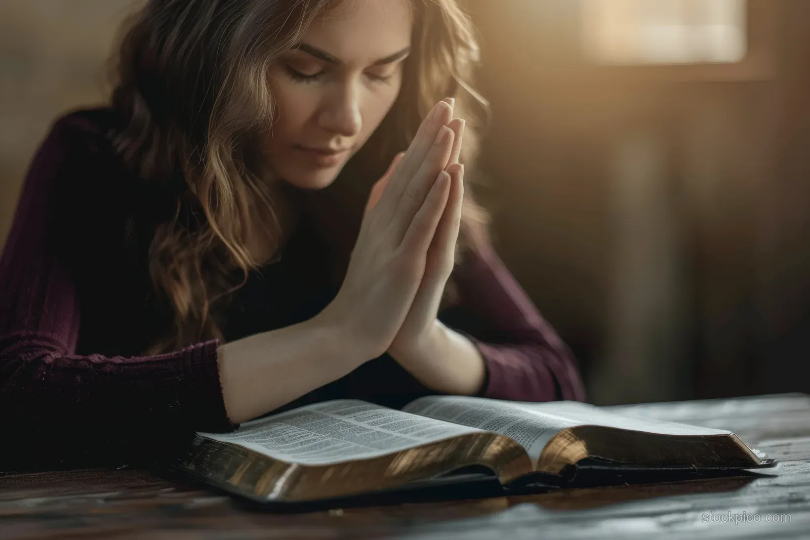 A woman prays with hands together over an open Bible at a home desk with a laptop beside it.