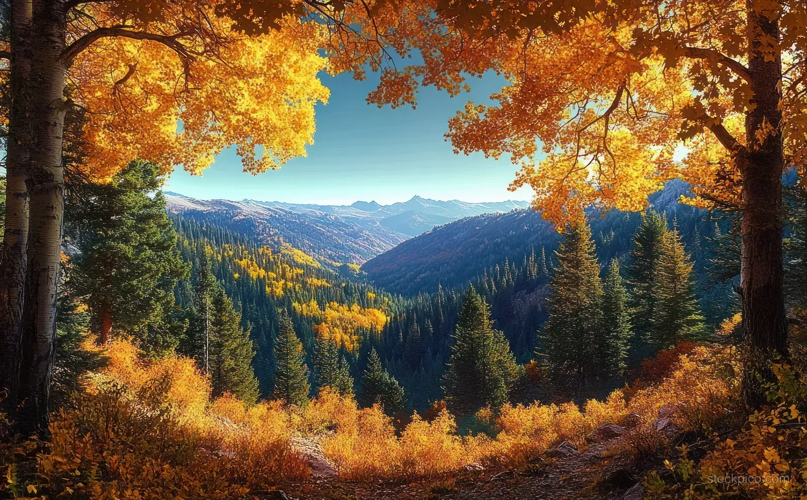 Sunlit autumn forest valley viewed through orange and yellow leaves with pine trees and distant mountains under a blue sky.