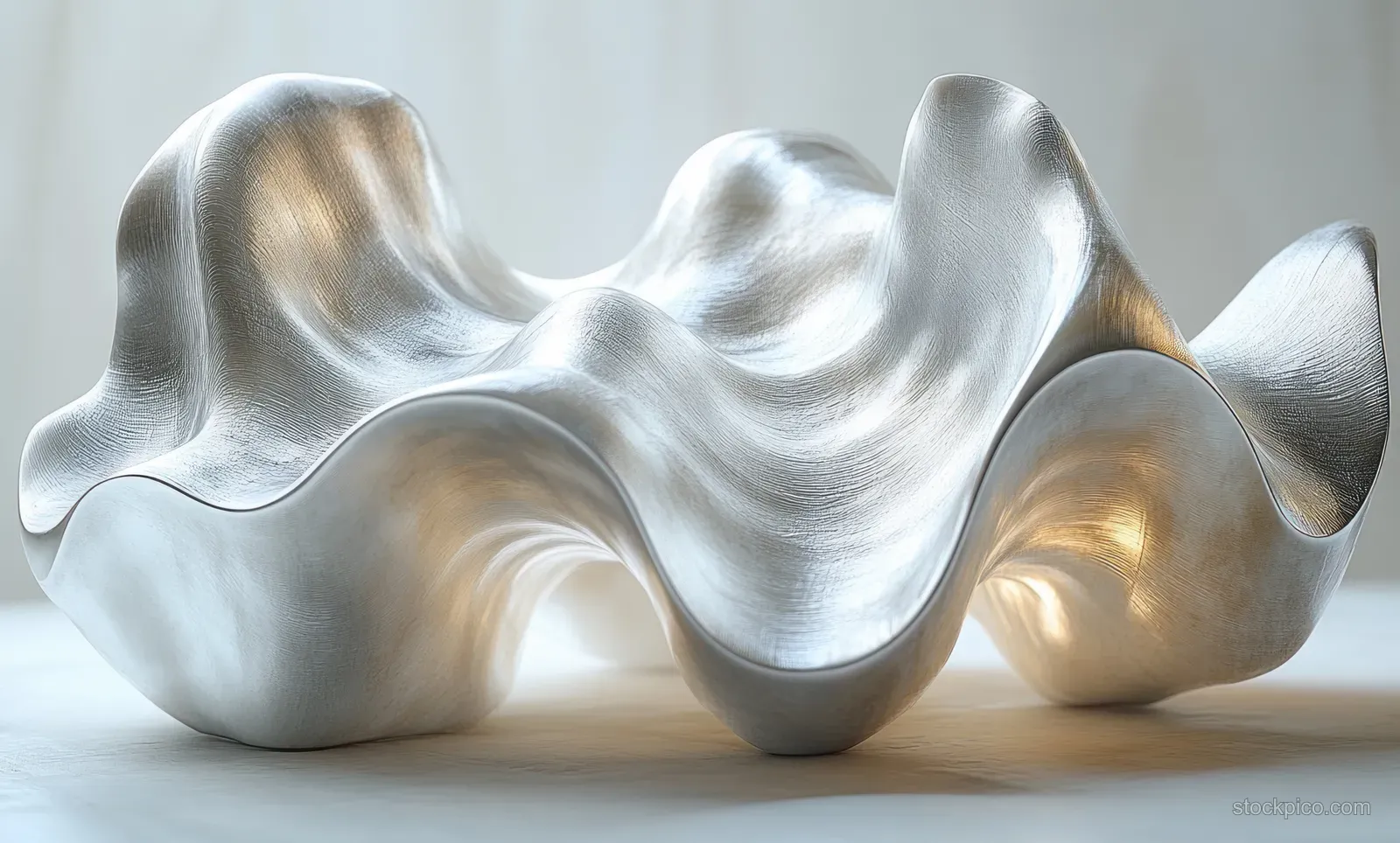 Abstract sculptural forms with metallic leather-like sheen rest on a grey studio surface.