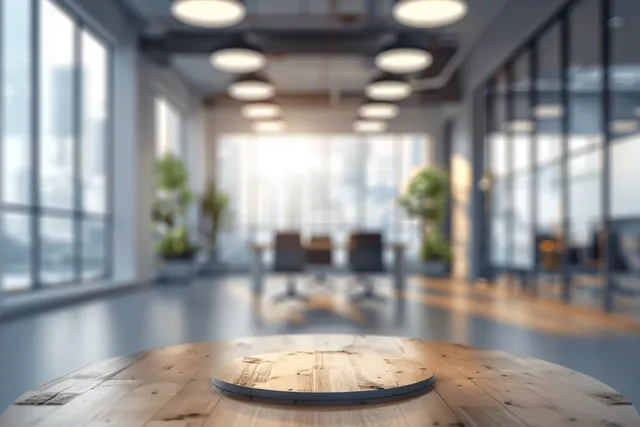 Empty modern office hallway with a round wooden meeting table, panoramic windows, and lit ceiling panels.
