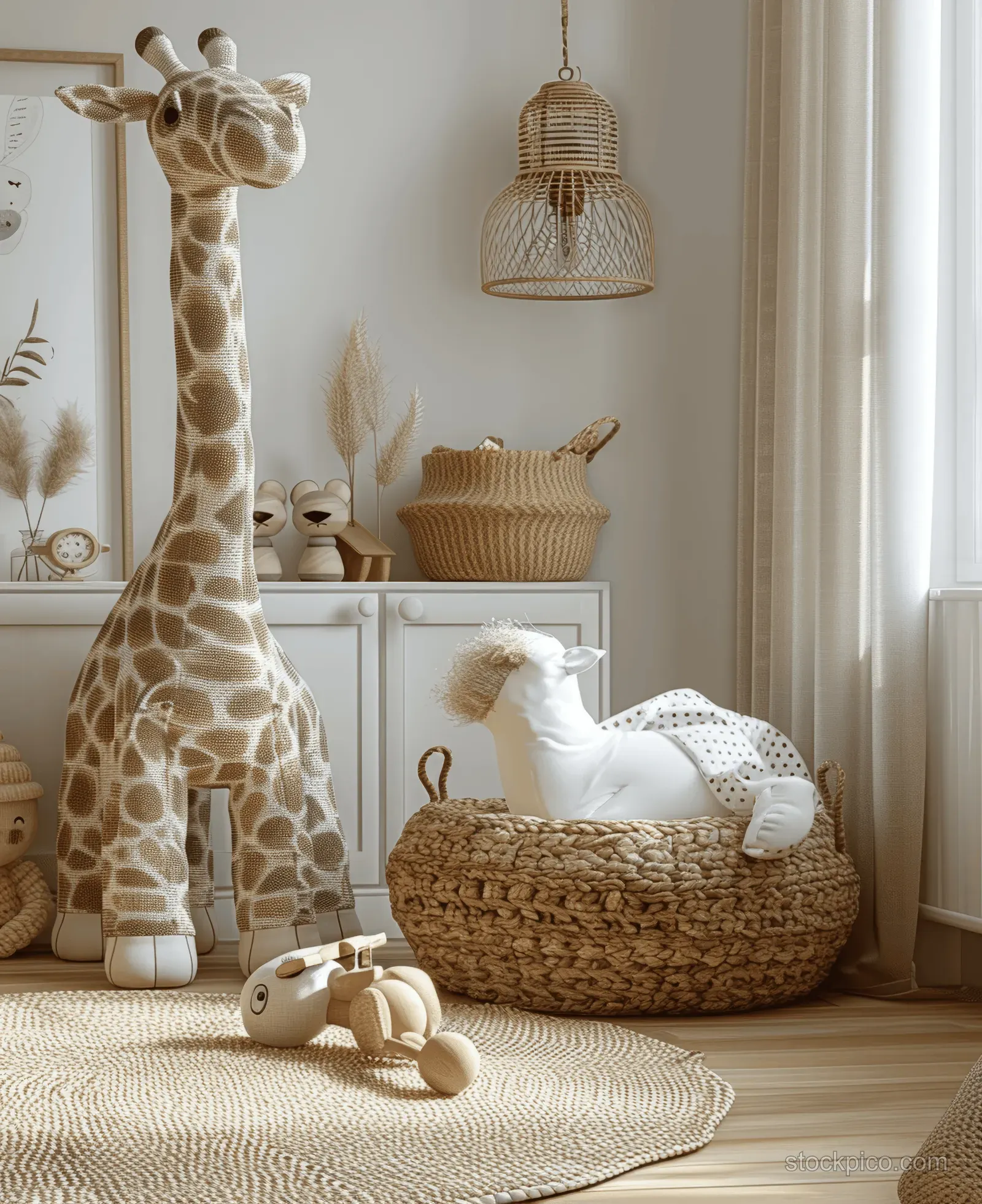 Children’s room corner with a wooden toy giraffe, woven basket, and sunlit beige walls.