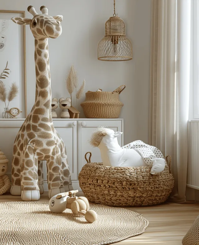 Cozy children’s playroom with wooden toys, giraffe decor, and sunlit beige textures