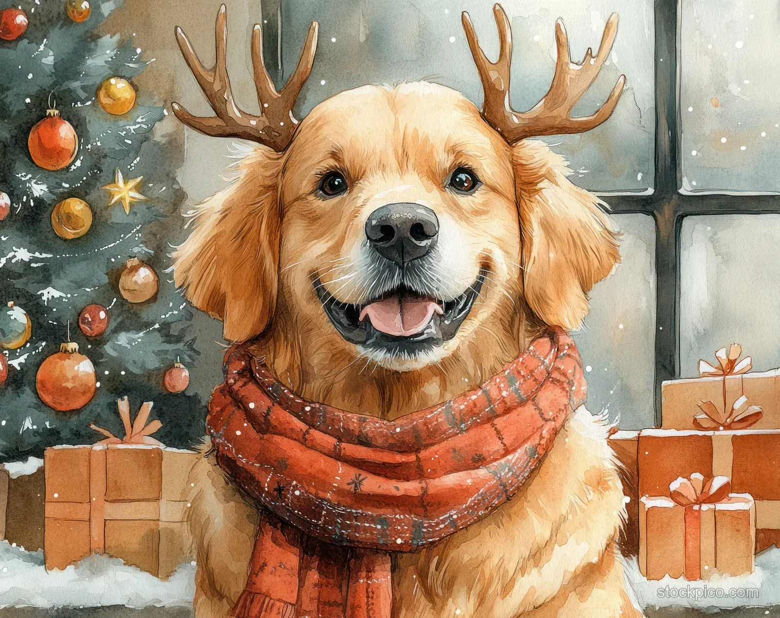 Golden retriever with antlers and plaid scarf in a snowy holiday room, flanked by wrapped gifts.