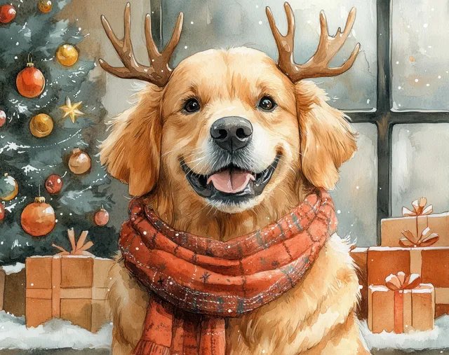 Golden retriever wearing antlers and plaid scarf in snowy room beside Christmas gifts