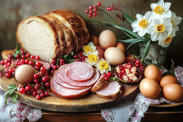 Rustic wooden board holding sliced bread, rolled ham, eggs, red berries, and white flowers on lace cloth.