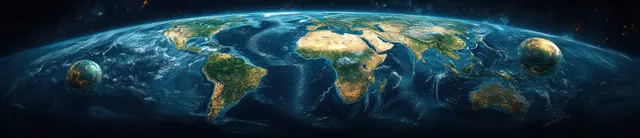 An Earth globe in space shows blue oceans, green landmasses, and faint clouds under a soft glow.