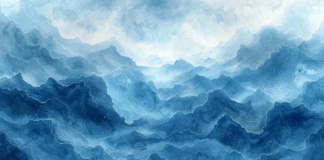 Ocean watercolor waves meeting misty horizon with layered blue ripples and soft light