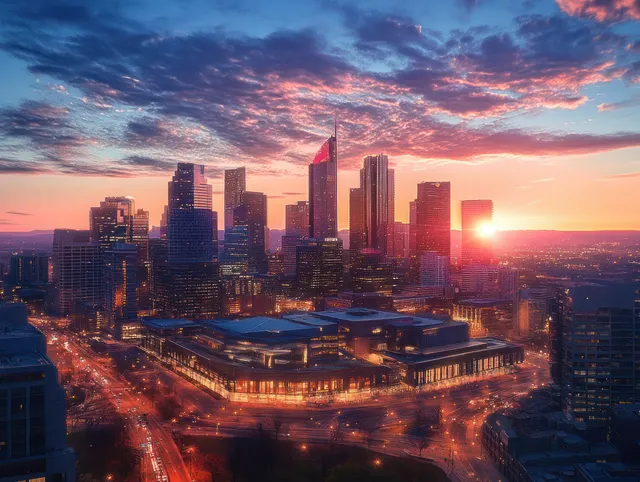 Sunset city skyline with glowing skyscrapers and light-trail traffic under dramatic storm clouds