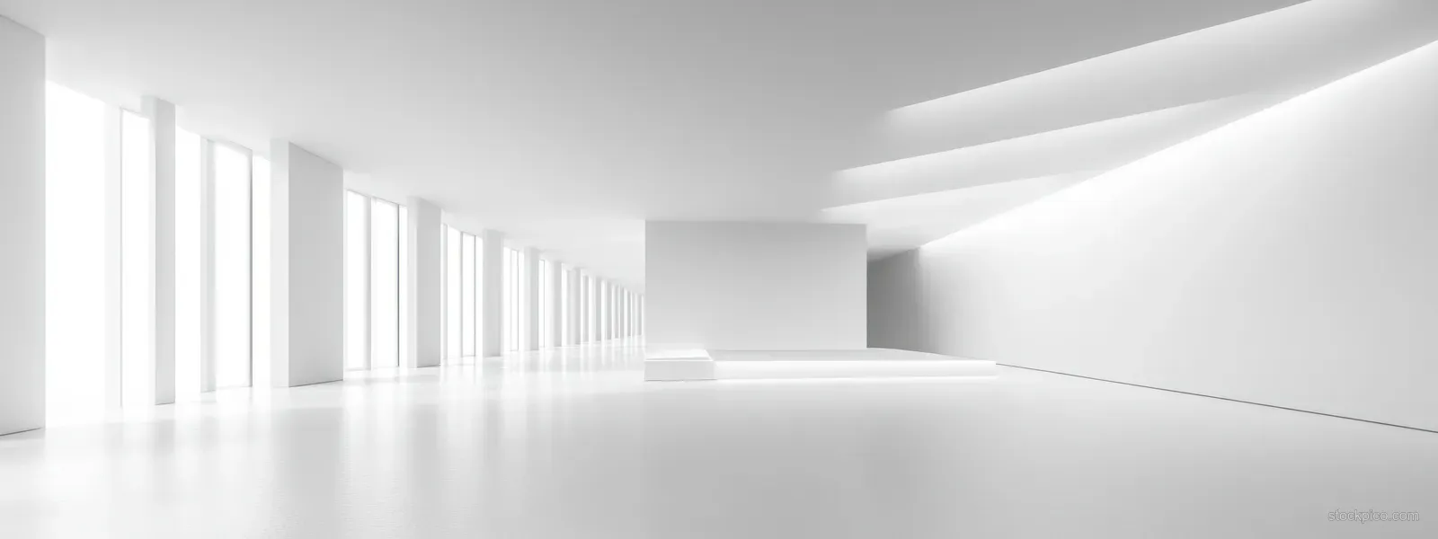 Minimalist white corridor interior with geometric wall surfaces, smooth floor reflections, and soft vertical light columns.
