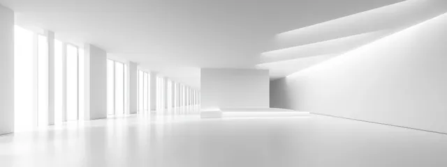 Minimalist white corridor interior with geometric wall planes and soft linear light