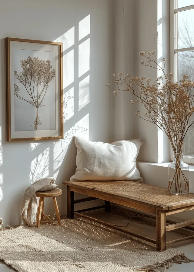 Scandinavian poster frame on rattan side table by white window with soft light