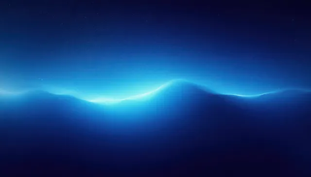 Deep blue gradient background with a soft luminous wave horizon and subtle film grain texture.