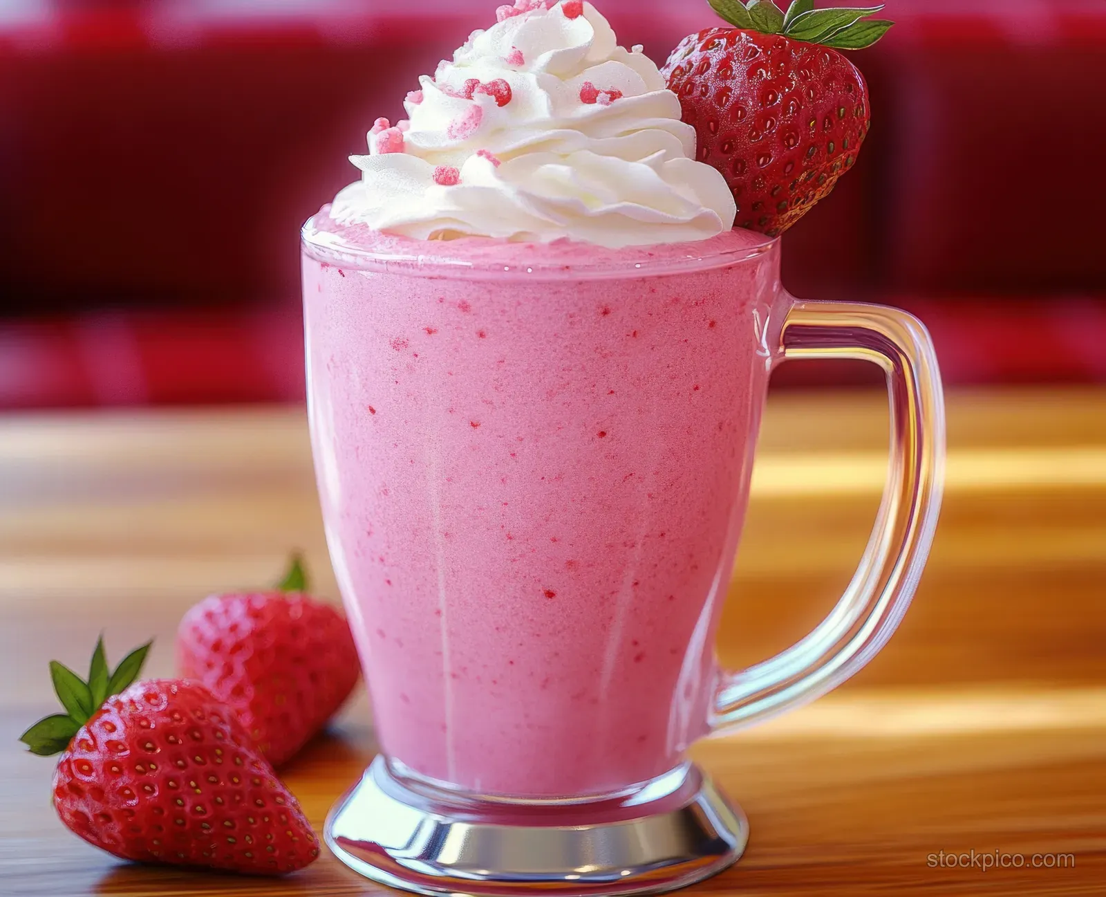 Pink strawberry milkshake in a glass mug topped with whipped cream and a fresh strawberry.