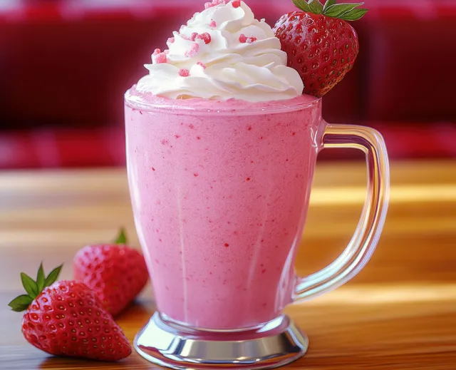 Pink strawberry milkshake in a glass mug topped with whipped cream and a fresh strawberry.