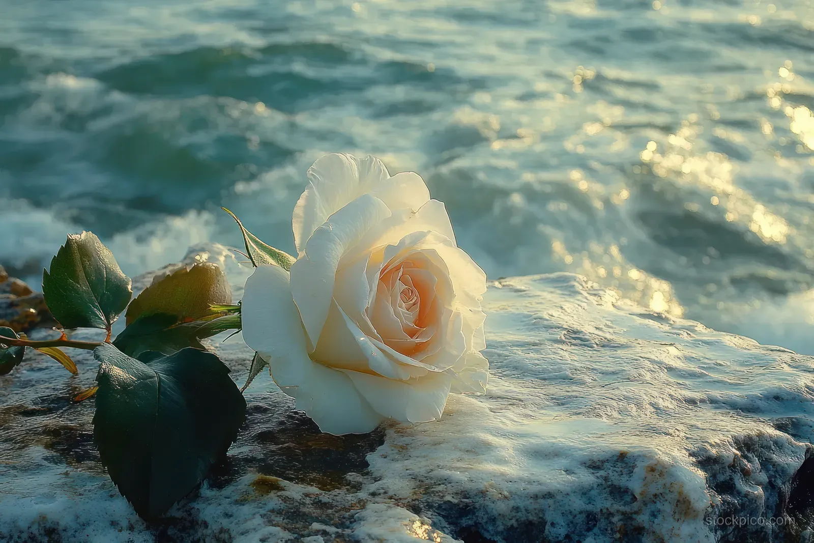 A white rose lies on a rock beside shimmering ocean water.