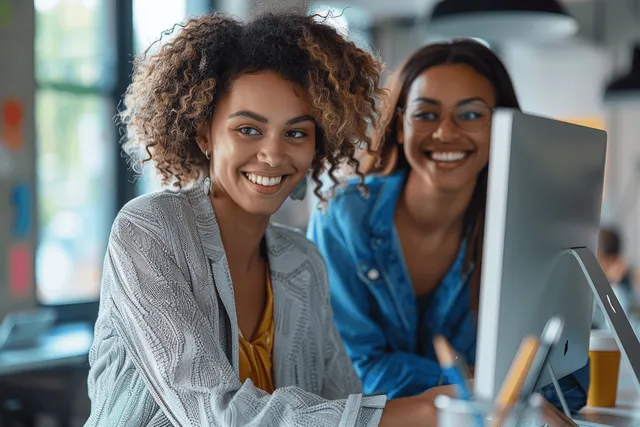 Three diverse businesswomen collaborating over a laptop at desks in a modern office with visible stationery.