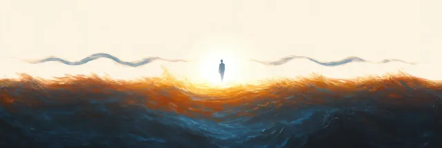 Silhouette of lone figure standing above blue and orange turbulent waves under pale sky