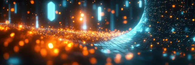 Neon orange and blue wave flowing through an illuminated hexagonal particle grid