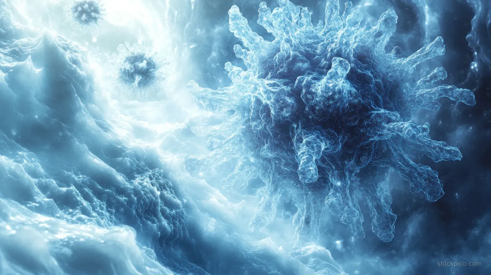 Glowing blue virus-like forms with DNA strands float in a backlit microscopy lab background.