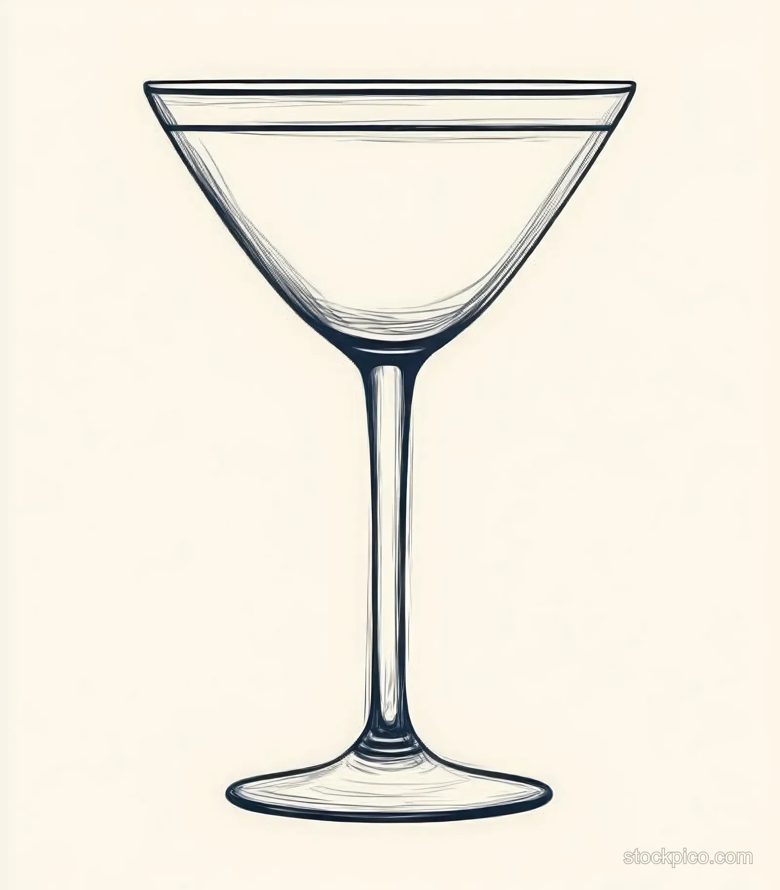 Black and white line drawing of an empty cocktail glass with a wide bowl and slender stem on a plain light background.