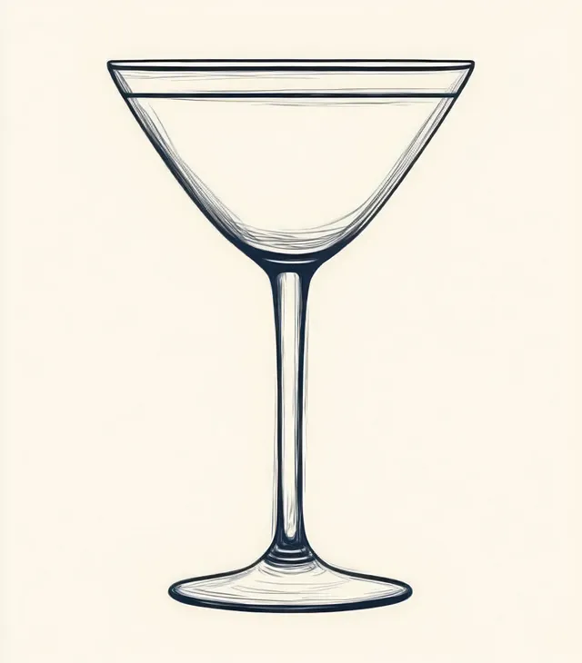 Black and white line drawing of an empty cocktail glass with a wide bowl and slender stem on a plain light background.