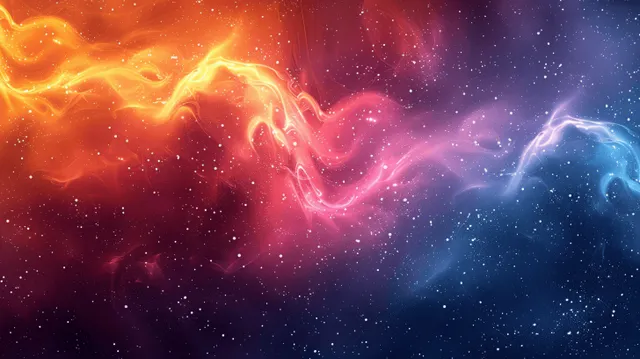 Vivid orange and blue nebula smoke swirls across a dark starfield with purple and pink glow.