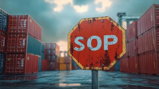 Rusty octagonal SOP sign in a wet shipping container yard surrounded by stacked containers under cloudy sky.