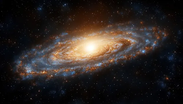 Spiral galaxy with glowing bright core and swirling dust lanes across deep space