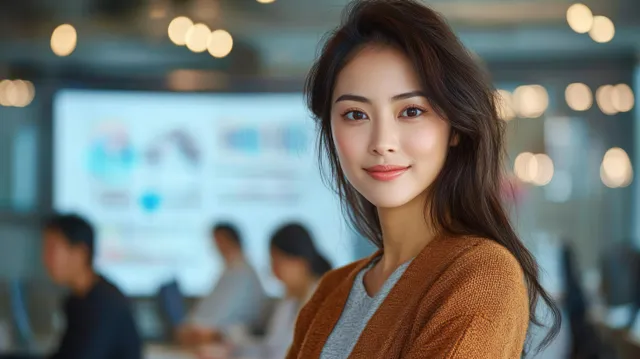 A young woman smiles in a modern office while blurred coworkers and monitors glow behind her.