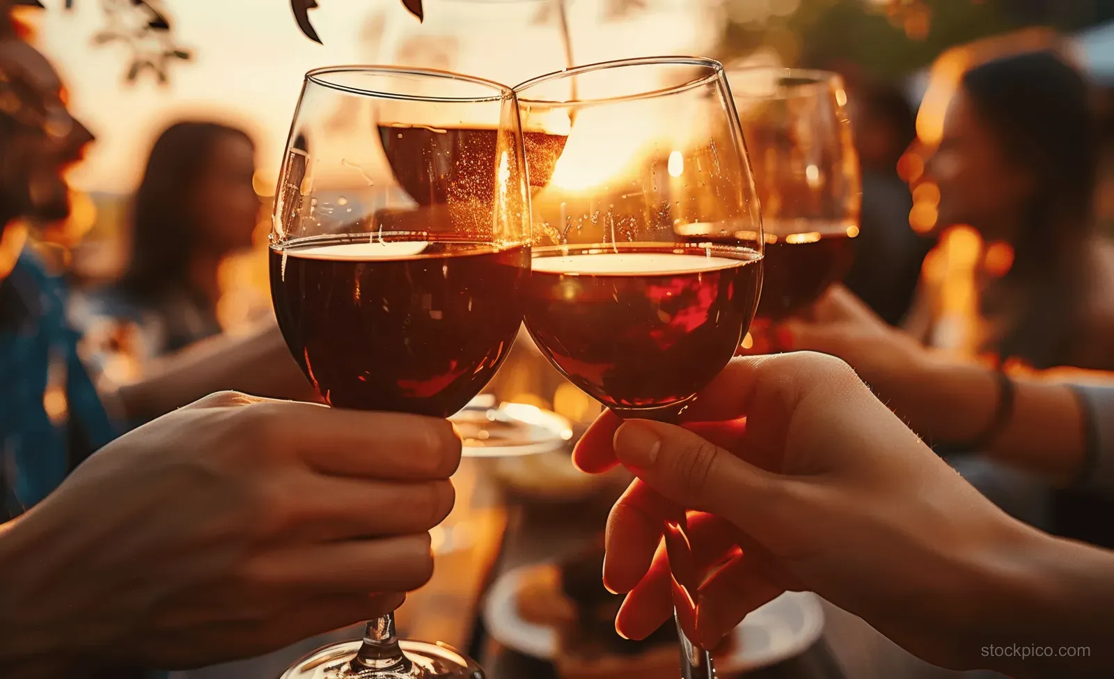 Hands clink red wine glasses on a sunset terrace with blurred friends in the background.