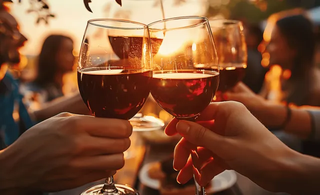 Manos chocan copas de vino tinto en una terraza al atardecer con amigos desenfocados al fondo.