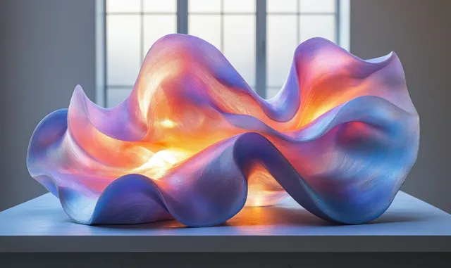 Abstract blue and purple sculpture on plinth with glowing soft orange highlights in gallery