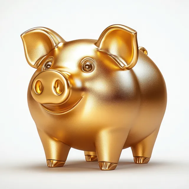 A shiny golden piggy bank with a cheerful smile sits on a white background, symbolizing saving and financial planning.