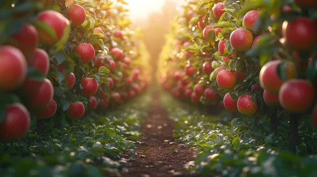 Apple orchard rows with ripe red fruit and a narrow dirt path under summer sunlight