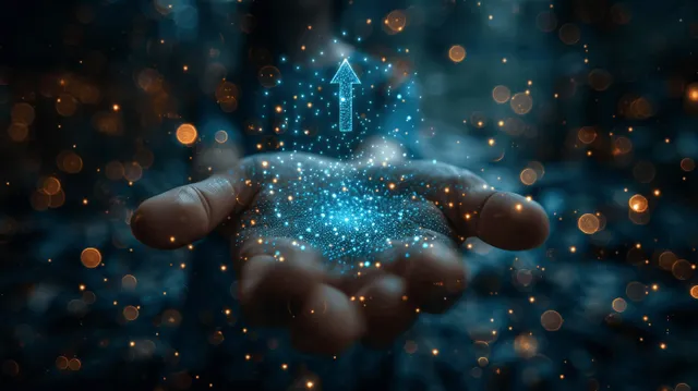 Hands releasing glowing upward data particles over a dark business dashboard background