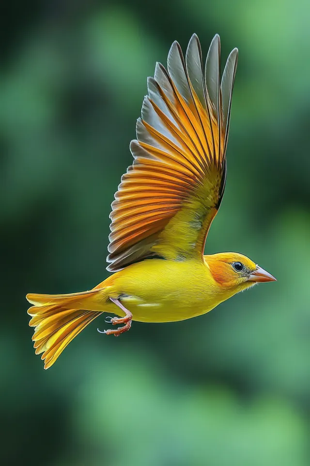 Yellow and orange bird flies toward the camera with wings spread against a blurred green forest background.