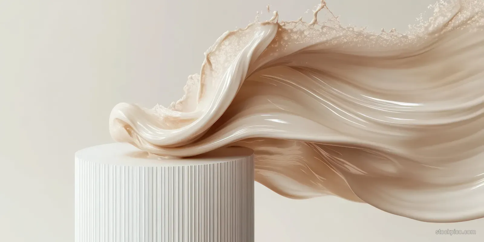 Beige liquid ribbon flows over a ribbed cylinder pedestal under soft studio lighting.