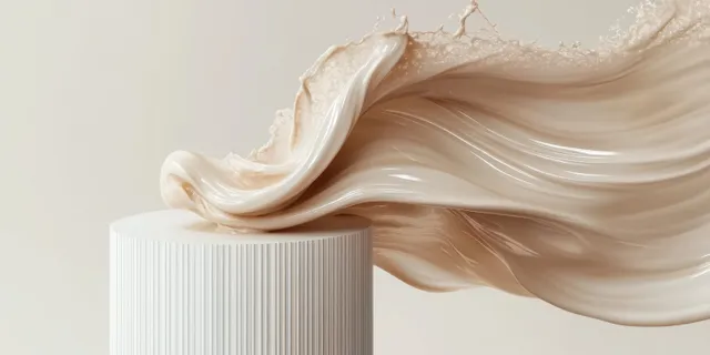 Beige liquid ribbon flows over a ribbed cylinder pedestal under soft studio lighting.