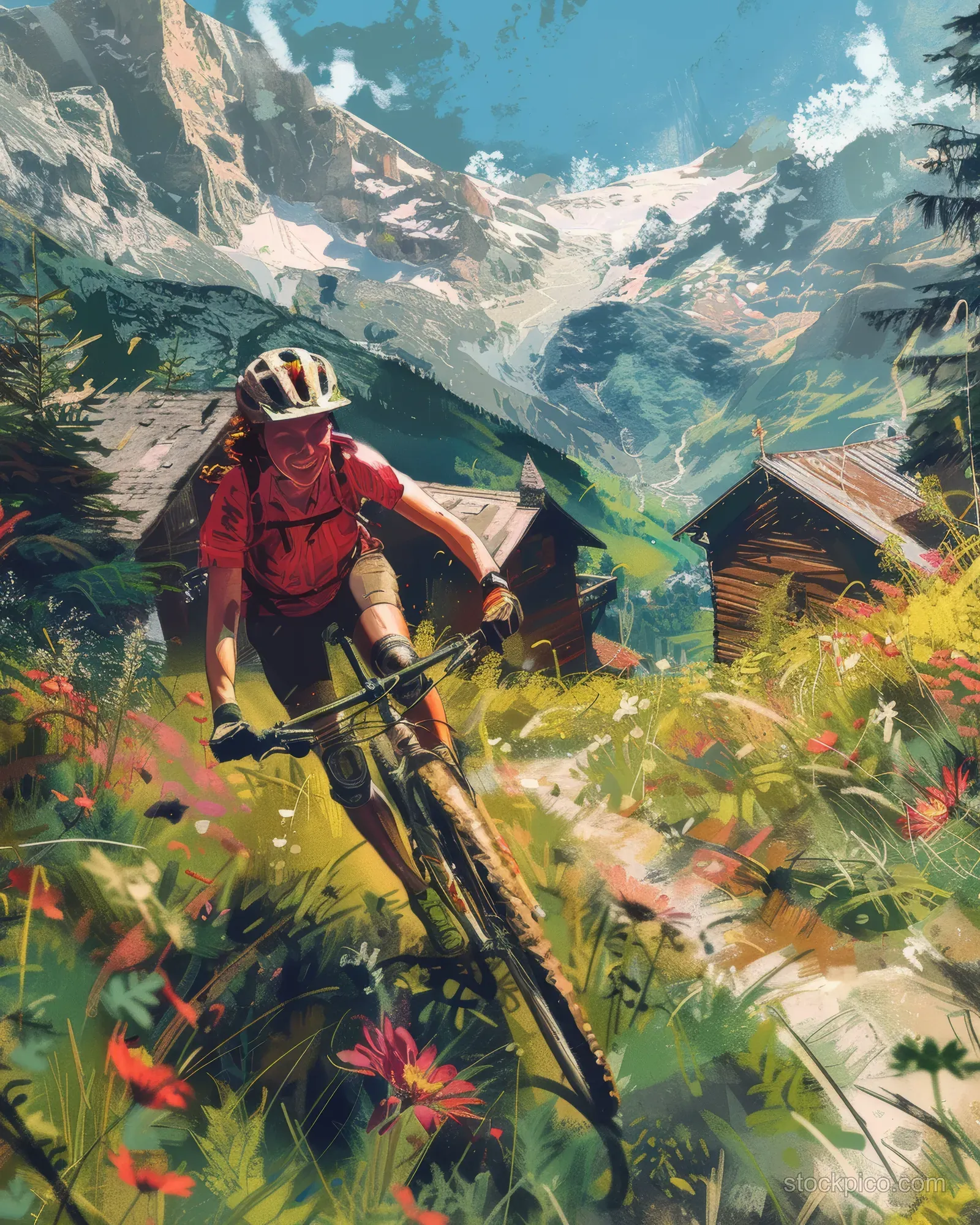 A mountain biker speeds down a flower-filled trail with motion blur, chalet rooftops, and snowy peaks behind.