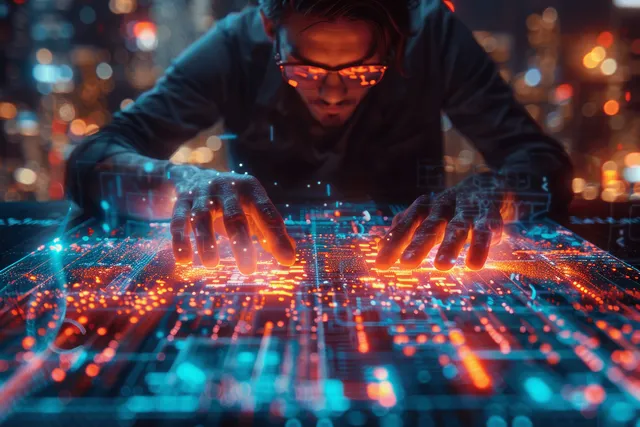 Businessman reviews 2024 market growth chart with holographic data over city lights