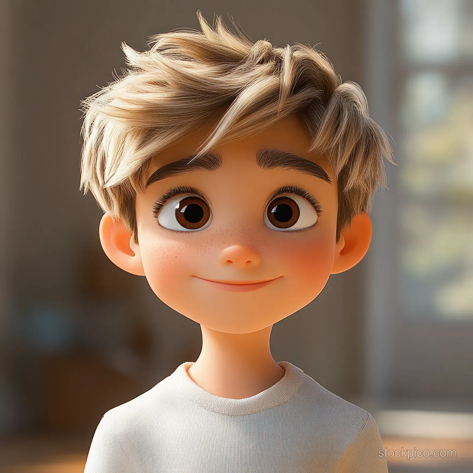 A smiling young boy with tousled blonde hair in a white shirt, shown in a softly lit indoor close-up portrait.