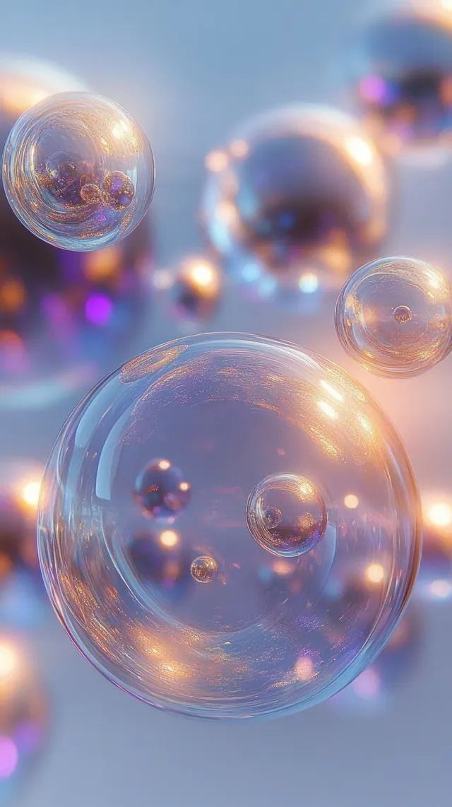 Translucent bubbles float closely together, reflecting soft purple and golden highlights in glowing ambient light.