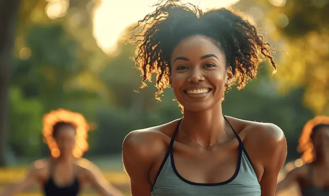 Smiling woman in sportswear leads friends doing yoga in the park at golden hour.