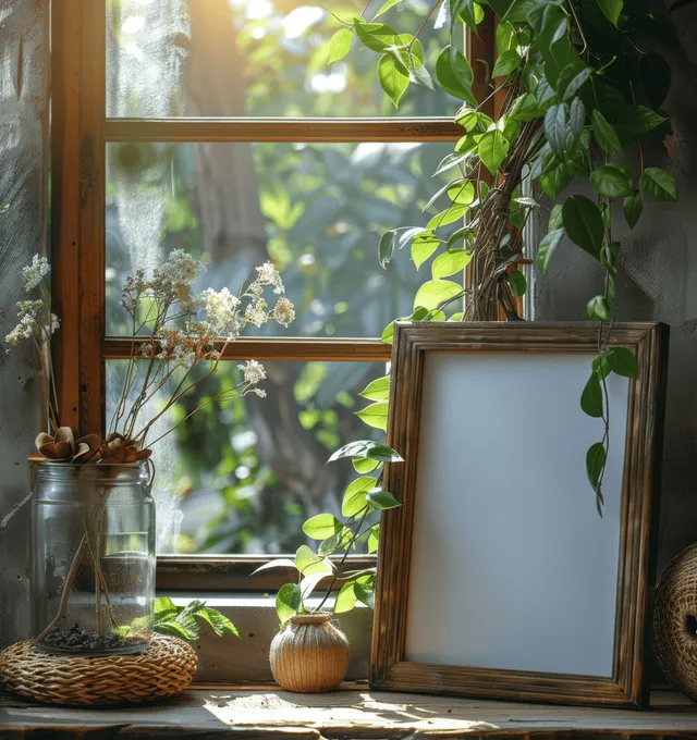 Blank white poster in a wooden frame on a sunlit window sill with leafy plants and a blurred garden view.
