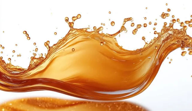 Amber liquid splash midair above a white background with droplets and flowing wave curves.