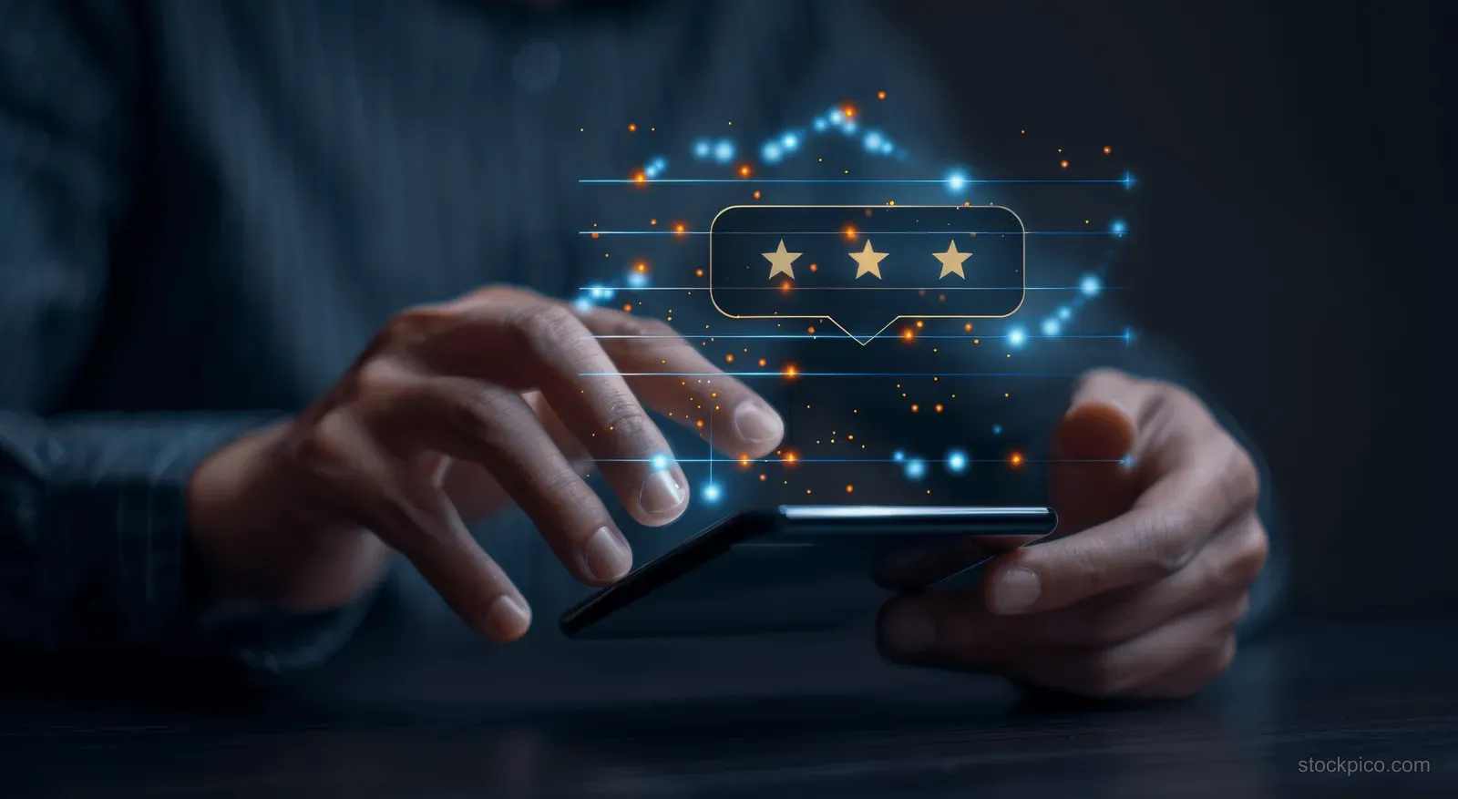 A businessman holds a smartphone as a glowing five-star rating and feedback overlay appears above the screen.