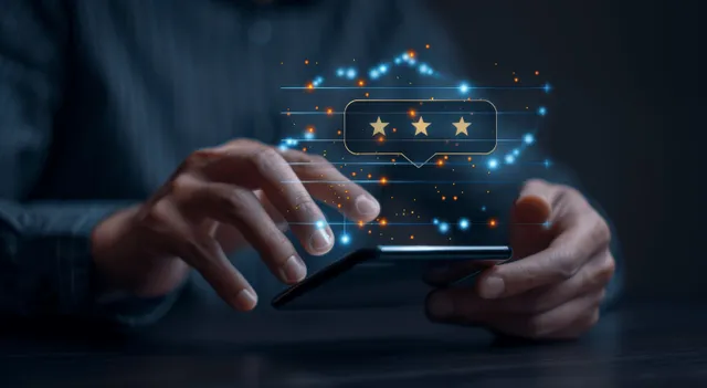 A businessman holds a smartphone as a glowing five-star rating and feedback overlay appears above the screen.