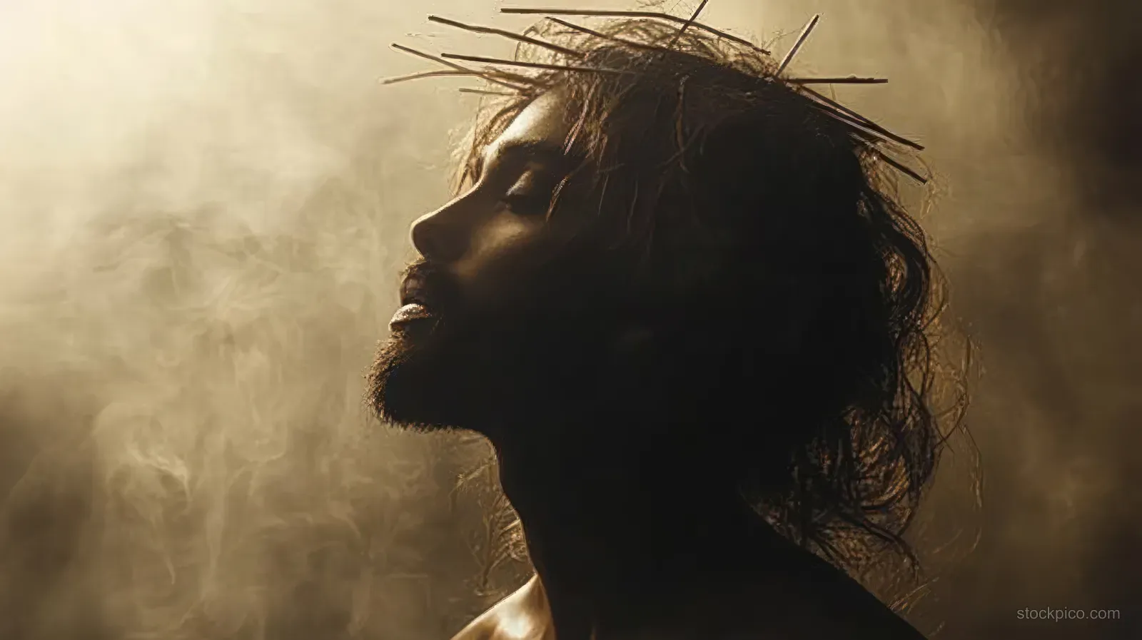 Side-profile portrait of Black Jesus with a crown of thorns emerging from smoky chiaroscuro shadows.